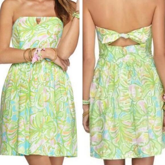 Lilly Pulitzer Richelle Strapless Dress Green Pink Size 4 - Picture 1 of 9